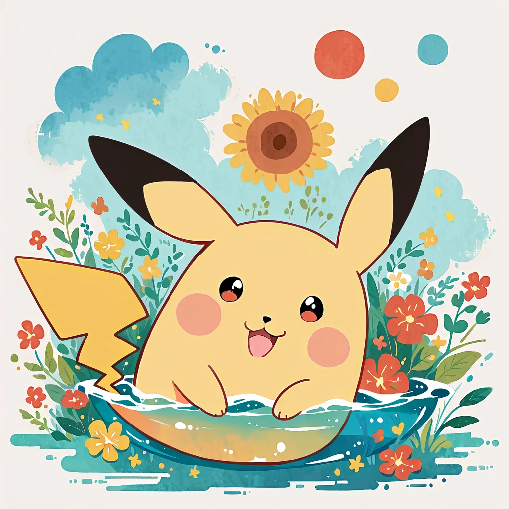 cute scene featuring Pikachu practicing swimming, Pikachu should be in a shallow pool or a calm body of water, looking determined and joyful. Use a bright and cheerful color palette with soft, painterly strokes. Include elements like a small floatation device or swim ring, water splashes around Pikachu, and perhaps a few playful bubbles. The background should feature a sunny day with clear skies, and maybe some gentle waves or distant beach scenery.