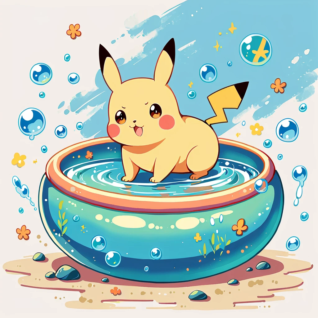 cute scene featuring Pikachu practicing swimming, Pikachu should be in a shallow pool or a calm body of water, looking determined and joyful. Use a bright and cheerful color palette with soft, painterly strokes. Include elements like a small floatation device or swim ring, water splashes around Pikachu, and perhaps a few playful bubbles. The background should feature a sunny day with clear skies, and maybe some gentle waves or distant beach scenery.