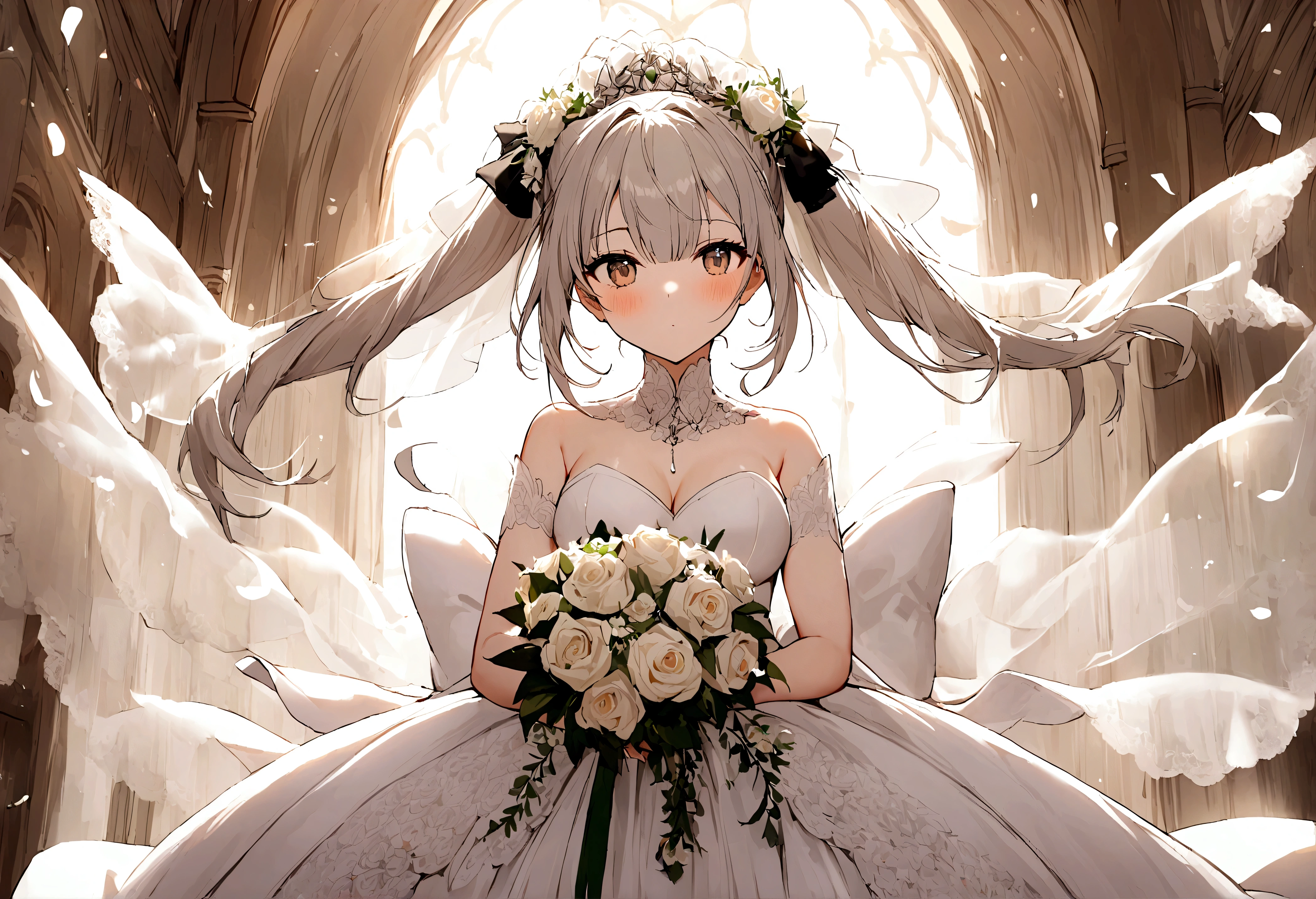 1 girl，Kasugano Sora， Sora，white pantyhose，wedding dress，white gray hair，long double ponytail，bridal bouquet，wedding veil