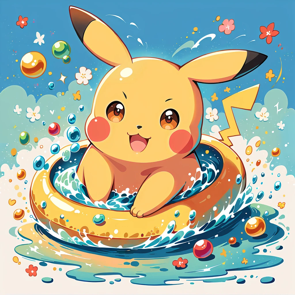 cute scene featuring Pikachu practicing swimming, Pikachu should be in a shallow pool or a calm body of water, looking determined and joyful. Use a bright and cheerful color palette with soft, painterly strokes. Include elements like a small floatation device or swim ring, water splashes around Pikachu, and perhaps a few playful bubbles. The background should feature a sunny day with clear skies, and maybe some gentle waves or distant beach scenery.