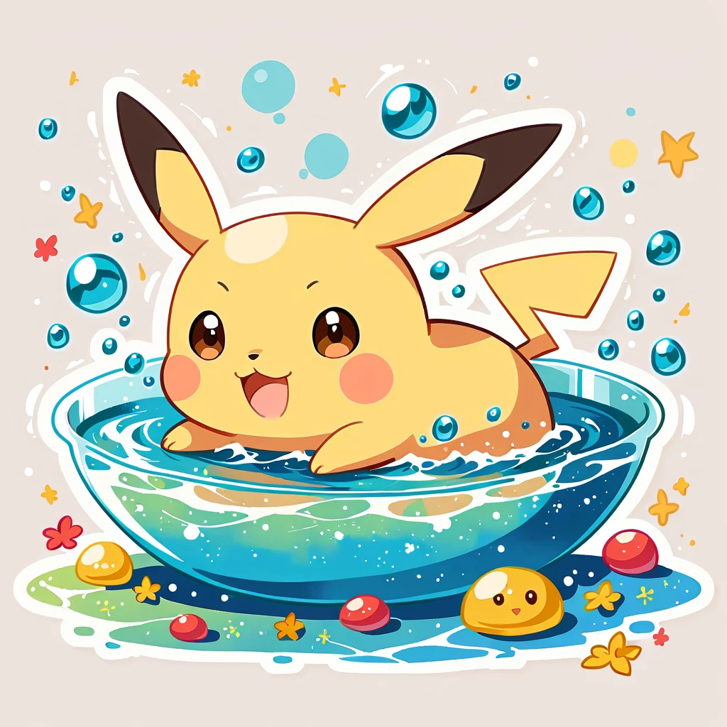 cute scene featuring Pikachu practicing swimming, Pikachu should be in a shallow pool or a calm body of water, looking determined and joyful. Use a bright and cheerful color palette with soft, painterly strokes. Include elements like a small floatation device or swim ring, water splashes around Pikachu, and perhaps a few playful bubbles. The background should feature a sunny day with clear skies, and maybe some gentle waves or distant beach scenery.