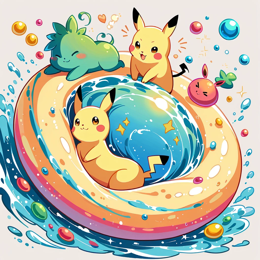 cute scene featuring Pikachu practicing swimming, Pikachu should be in a shallow pool or a calm body of water, looking determined and joyful. Use a bright and cheerful color palette with soft, painterly strokes. Include elements like a small floatation device or swim ring, water splashes around Pikachu, and perhaps a few playful bubbles. The background should feature a sunny day with clear skies, and maybe some gentle waves or distant beach scenery.