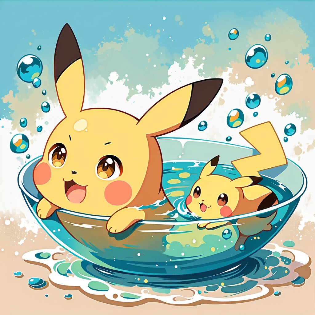 cute scene featuring Pikachu practicing swimming, Pikachu should be in a shallow pool or a calm body of water, looking determined and joyful. Use a bright and cheerful color palette with soft, painterly strokes. Include elements like a small floatation device or swim ring, water splashes around Pikachu, and perhaps a few playful bubbles. The background should feature a sunny day with clear skies, and maybe some gentle waves or distant beach scenery.