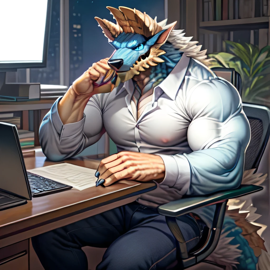 anthropology,(zinogre:1.2),Tail,((whole body,blue eyes, Blue body, White furry, Yellow Hand, Feet, Blue face,4 toes,Tail )),((trumpet)),muscular, office, annoyed, Worry, Chair, , White shirt,
programmer, Pants, Long sleeve, night,DARK
whole body,
(author:null-ghost,From raccoon21,masterpiece,high quality),