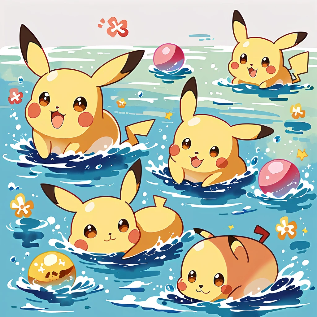 cute scene featuring Pikachu practicing swimming, Pikachu should be in a shallow pool or a calm body of water, looking determined and joyful. Use a bright and cheerful color palette with soft, painterly strokes. Include elements like a small floatation device or swim ring, water splashes around Pikachu, and perhaps a few playful bubbles. The background should feature a sunny day with clear skies, and maybe some gentle waves or distant beach scenery.
