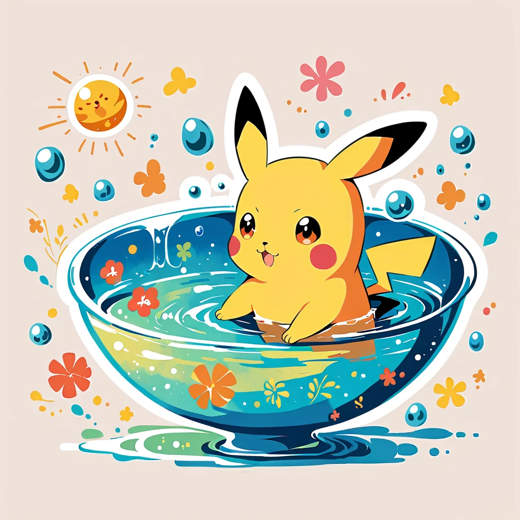 cute scene featuring Pikachu practicing swimming, Pikachu should be in a shallow pool or a calm body of water, looking determined and joyful. Use a bright and cheerful color palette with soft, painterly strokes. Include elements like a small floatation device or swim ring, water splashes around Pikachu, and perhaps a few playful bubbles. The background should feature a sunny day with clear skies, and maybe some gentle waves or distant beach scenery.
