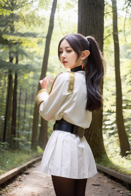 masterpiece, Highest quality, Absurd, One girl, alone, Freeze Base, Long Hair, Twin tails, Earrings, White capelet, Striped shirt, Horizontal stripes, Long sleeve, belt, White Skirt, Gold trim, Black Pantyhose, Put your arms behind your back, Outdoor, forest,Like the picture