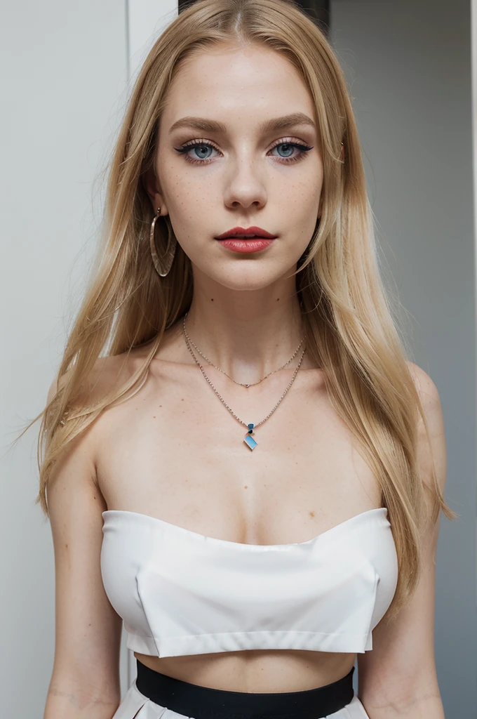Beautiful skinny girl, elongated face and thin chin, freckles, blonde, blue eyes, bold dark red lipstick and Extra eyeliner and extra eyeshadow, white pale skin, black skirt, top, small nose, huge natural , fringe, blonde, long hair, earrings, necklace, semi- top