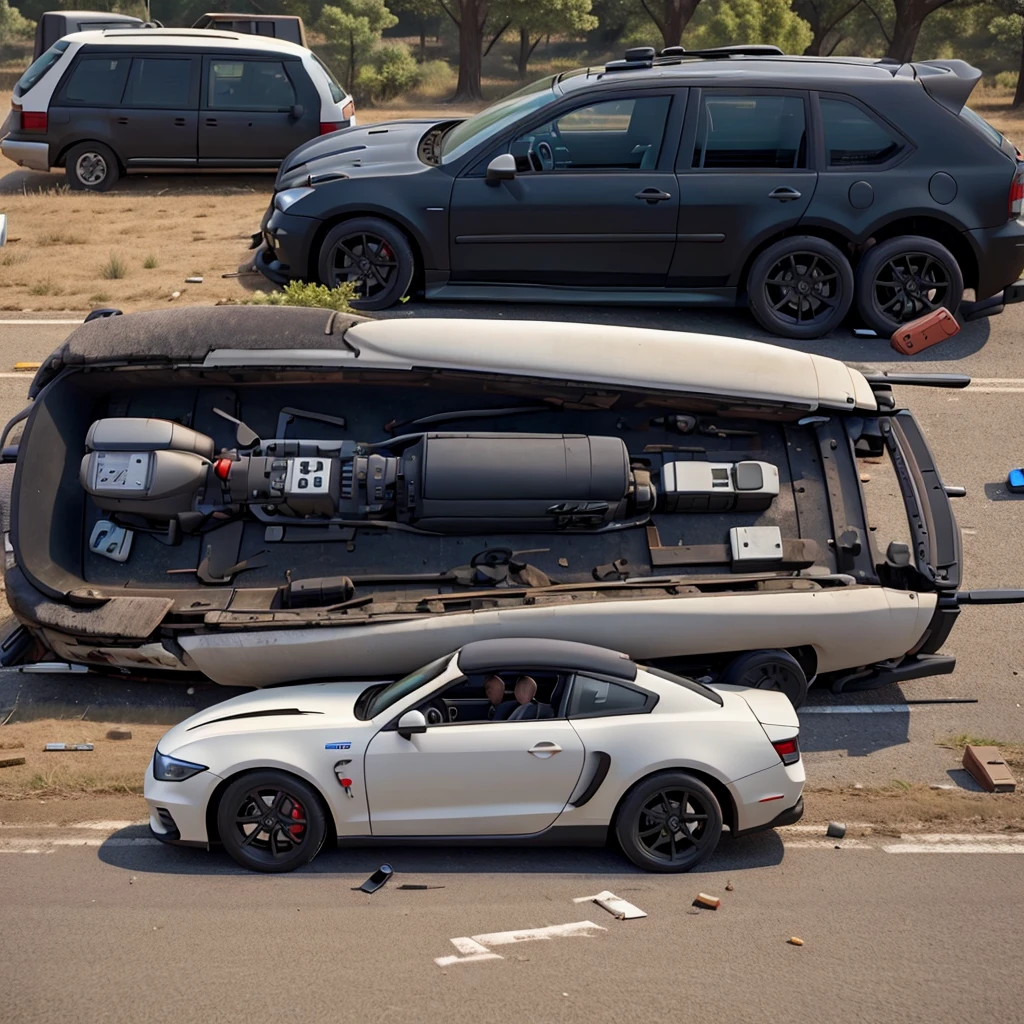 An armed drone flies over a car wreck.