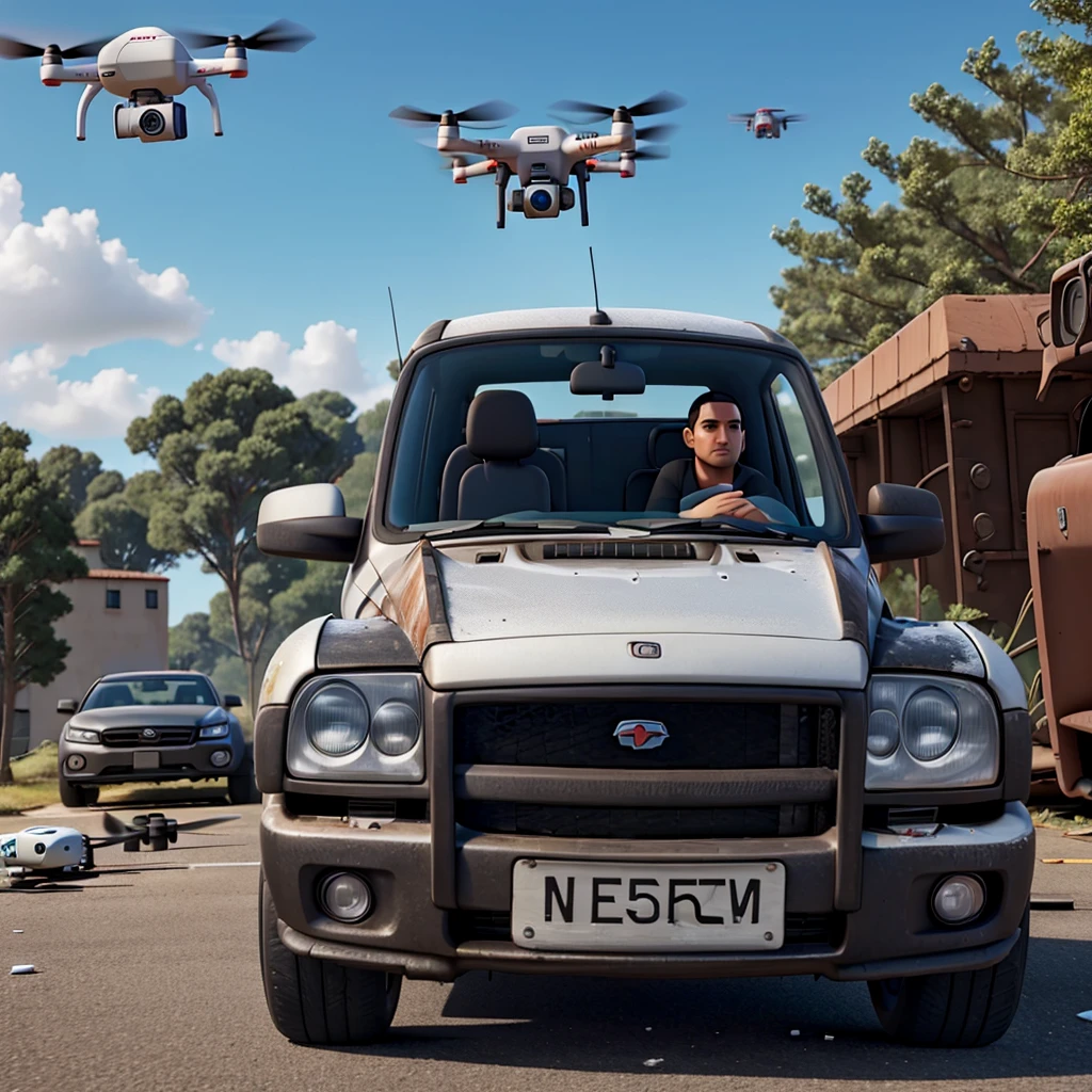 An armed drone flies over a car wreck. 