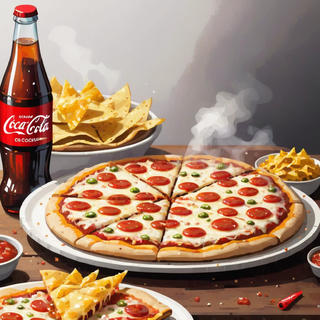 soft drinks advertisement, white lettering, logo text reads "coca cola", on side of a bottle, a steaming hot pizza and a bowl of nachos are visible behind, 