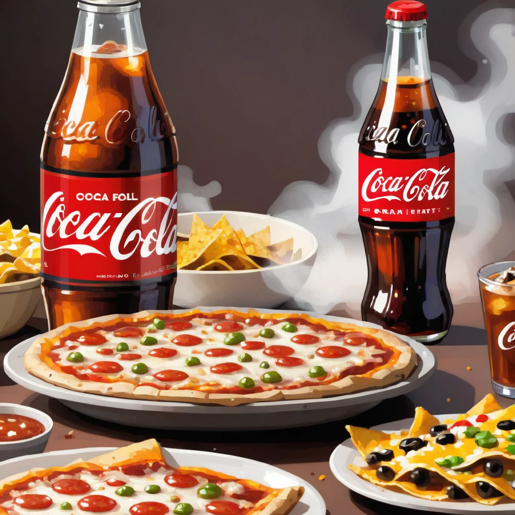 soft drinks advertisement, white lettering, logo text reads "coca cola", on side of a bottle, a steaming hot pizza and a bowl of nachos are visible behind, 