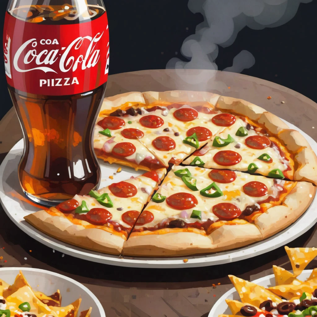 soft drinks advertisement, white lettering, logo text reads "coca cola", on side of a bottle, a steaming hot pizza and a bowl of nachos are visible behind, 