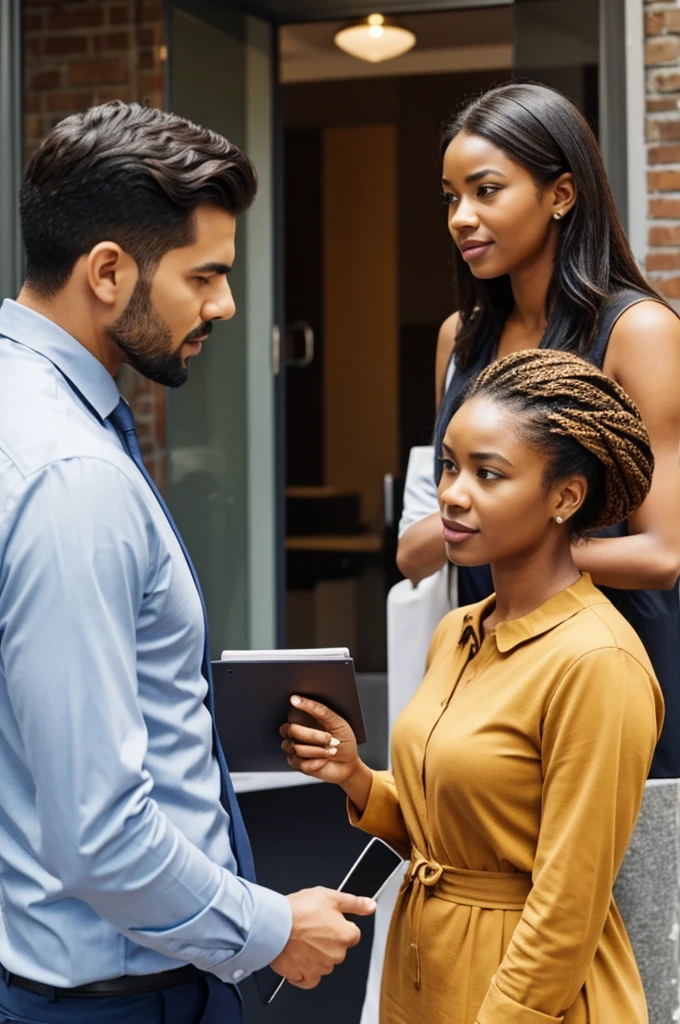 A man wearing a  while giving advice to his female colleague who is also wearing a .
