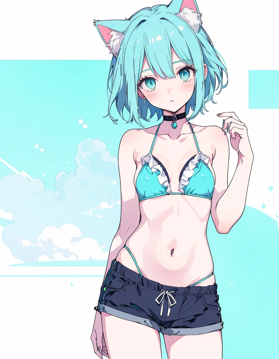 adjusting swimsuit, untied bikini, shorts, ((masterpiece, best quality:1.5)), ((Beautiful detailed cat aqua eyes:1.2)), cat ears, pale skin, small breasts, beautiful hands, beautiful fingers, EasyNegative