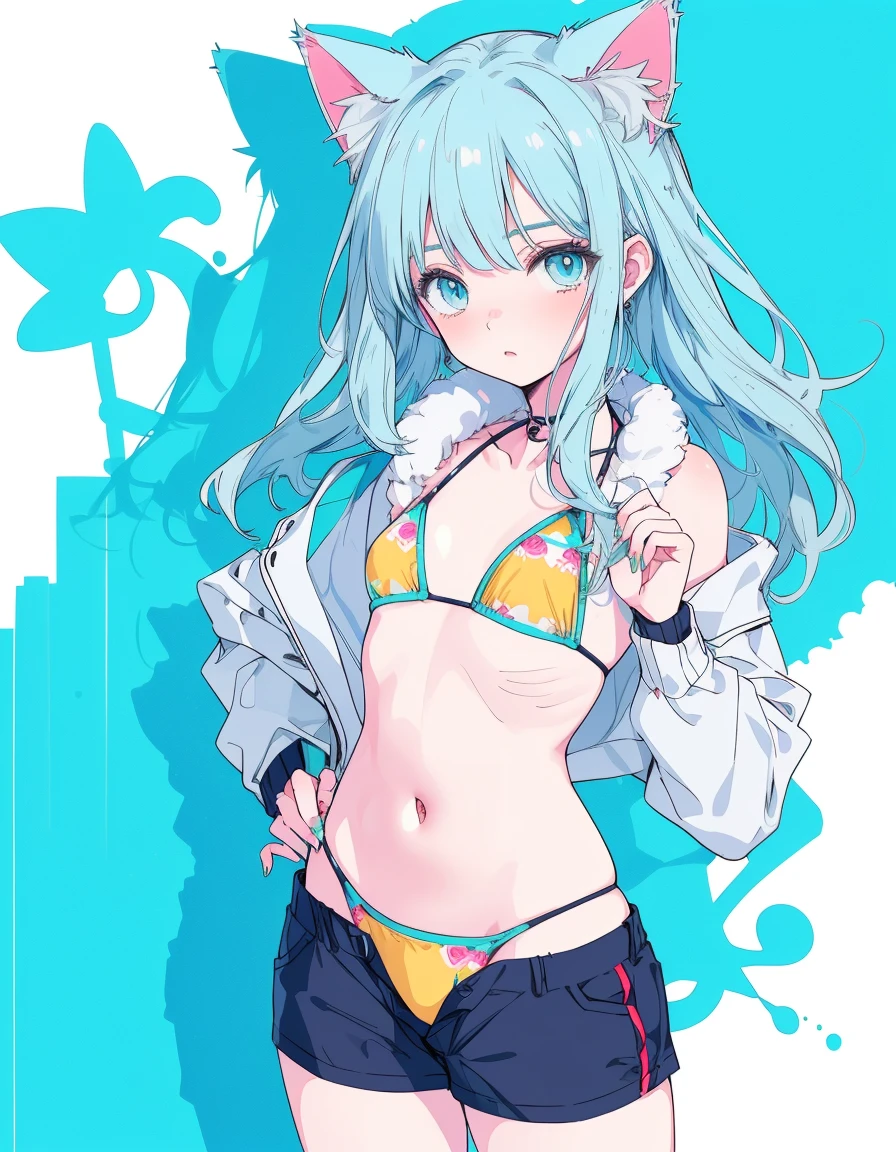 adjusting swimsuit, untied ??????, shorts, ((masterpiece, best quality:1.5)), ((Beautiful detailed cat aqua eyes:1.2)), cat ears, pale skin, small ???????, beautiful hands, beautiful fingers, EasyNegative
