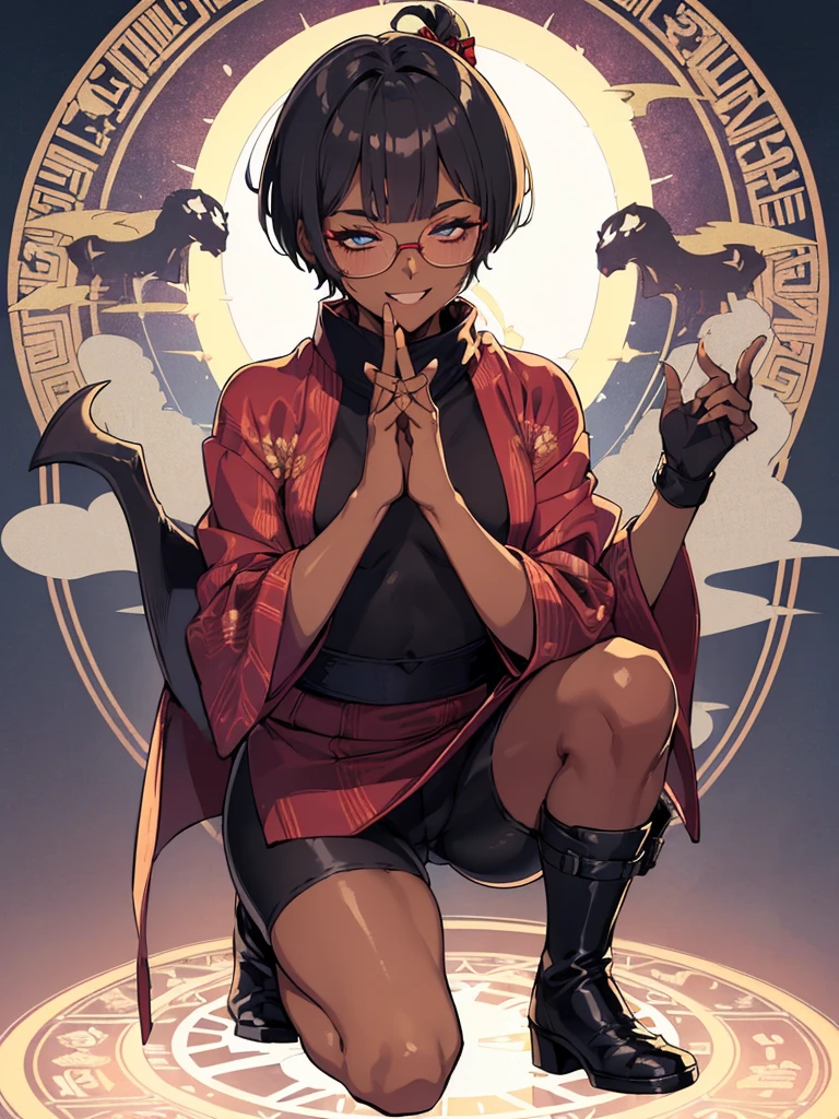 (flat chest:), (masterpiece:1.2), highest quality, High resolution, unity 8k wallpaper, (fine and beautiful eyes:1.6), highly detailed face, perfect lighting, Detailed CG, (perfect hands, perfect anatomy), (1 boy solo:1.4), 20 years old, black hair, extremely beautiful detailfeminine face and eyes, (evil smile:1.4), detailed eyes, best quality,( dark skin:1.8), (turtleneck shirt under yukata:1.2), (bike shorts:1.2), extremely detailed, very precise detailed, (glasses:1.3), blunt bangs, open mouth, (very short pixie cut:1.2), boots,fingerless gloves, smile, (half closed eyes:1.5),(burning ground:1.3), ,(magic circle on head:1.3) ,night sky,long sidelocks,(long red Scarf),(yukata),(squatting), ears,(acrobat pose:1.3),(squat:1.3),leaning forward,(one knee dwon:1.5),(Put one foot in front:1.3),(stylish pose:1.4),(Raise only index finger:1.1),(Joining hands:1.5),(retro artstyle:1.2), (1990s \(style\)),