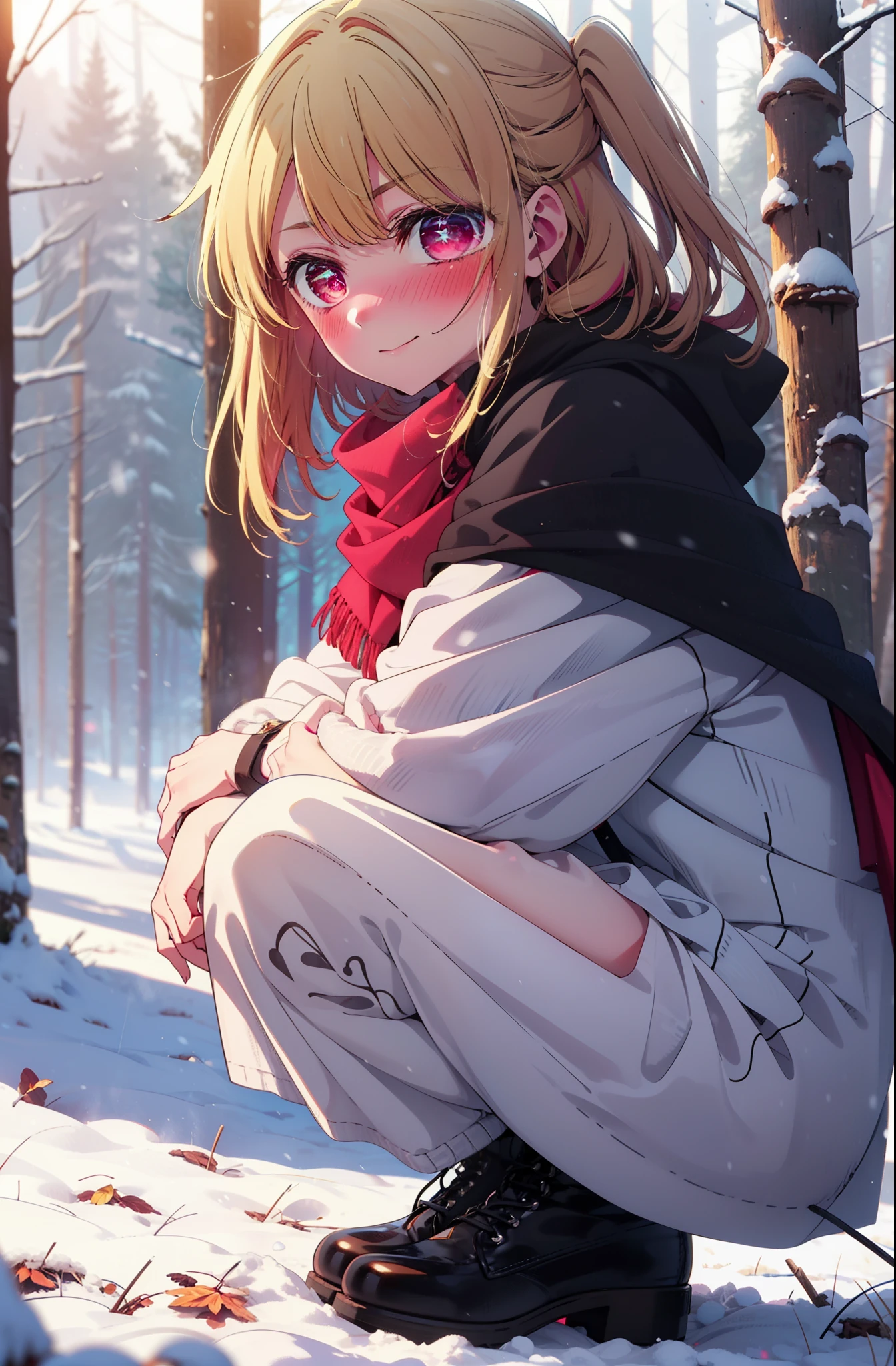 rubyhoshino, Hoshino Ruby, Long Hair, bangs, Blonde, (Pink Eyes:1.3), Side Lock, (Symbol-shaped pupil:1.5), Multicolored Hair, Two-tone hair, smile,,smile,blush,White Breath,
Open your mouth,snow,Ground bonfire, Outdoor, boots, snowing, From the side, wood, suitcase, Cape, Blurred, , forest, White handbag, nature,  Squat, Mouth closed, Cape, winter, Written boundary depth, Black shoes, red Cape break looking at viewer, Upper Body, whole body, break Outdoor, forest, nature, break (masterpiece:1.2), Highest quality, High resolution, unity 8k wallpaper, (shape:0.8), (Beautiful and beautiful eyes:1.6), Highly detailed face, Perfect lighting, Highly detailed CG, (Perfect hands, Perfect Anatomy),