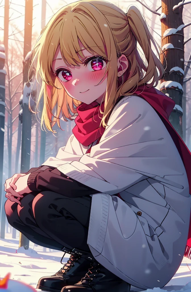 rubyhoshino, Hoshino Ruby, Long Hair, bangs, Blonde, (Pink Eyes:1.3), Side Lock, (Symbol-shaped pupil:1.5), Multicolored Hair, Two-tone hair, smile,,smile,blush,White Breath,
Open your mouth,snow,Ground bonfire, Outdoor, boots, snowing, From the side, wood, suitcase, Cape, Blurred, , forest, White handbag, nature, Squat, Mouth closed, Cape, winter, Written boundary depth, Black shoes, red Cape break looking at viewer, Upper Body, whole body, break Outdoor, forest, nature, break (masterpiece:1.2), Highest quality, High resolution, unity 8k wallpaper, (shape:0.8), (Beautiful and beautiful eyes:1.6), Highly detailed face, Perfect lighting, Highly detailed CG, (Perfect hands, Perfect Anatomy),
