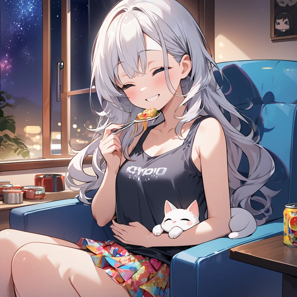 masterpiece、Highest quality、Depth of subject、2D illustration、1 beautiful girl、独奏, (((chibi style)))、((night)), ((window)), ((starry sky)), Long, beautiful hair、Shiny silver hair、cute、Beautifully detailed eyes、((Tank top))、a cute sleeping kitten on chair, ((colorful))、mini skirt、((happy smile))、((Canned Chuhai)), ((close up shot))、((eating dinner)), ((in the room))、((There's a lot of pink around))、Thighs、((vivid color))、sparkle、((Lens flare))、