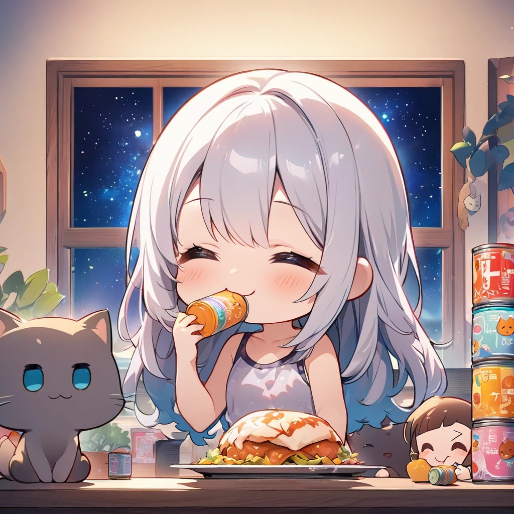 masterpiece、Highest quality、Depth of subject、2D illustration、1 beautiful girl、独奏, (((chibi style)))、((night)), ((window)), ((starry sky)), Long, beautiful hair、Shiny silver hair、cute、Beautifully detailed eyes、((Tank top))、a cute sleeping kitten on chair, ((colorful))、mini skirt、((happy smile))、((Canned Chuhai)), ((close up shot))、((eating dinner)), ((in the room))、((There's a lot of pink around))、Thighs、((vivid color))、sparkle、((Lens flare))、