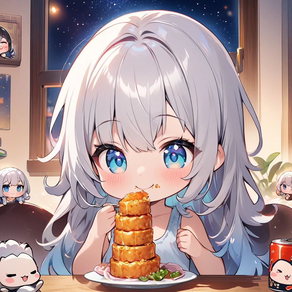 masterpiece、Highest quality、Depth of subject、2D illustration、1 beautiful girl、独奏, (((chibi style)))、((night)), ((window)), ((starry sky)), Long, beautiful hair、Shiny silver hair、cute、Beautifully detailed eyes、((Tank top))、a cute sleeping kitten on chair, ((colorful))、mini skirt、((happy smile))、((Canned Chuhai)), ((close up shot))、((eating dinner)), ((in the room))、((There's a lot of pink around))、Thighs、((vivid color))、sparkle、((Lens flare))、