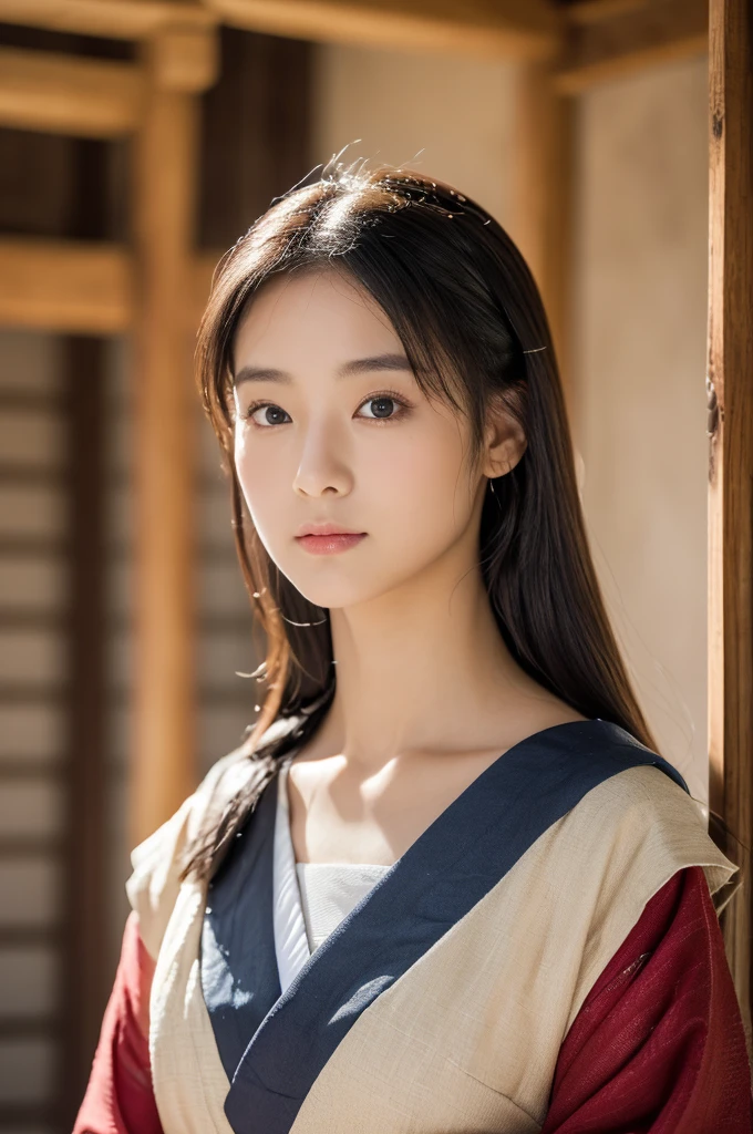 Medieval Japan, (8K, Raw-Foto, best quality, masterpiece:1.2),(realisti, foto realisti:1.4),(Hochdetailliertes CG Unity 8K-Hintergrundbild),(round face: 1.5), (detailed student:1.3),beautiful woman ,(boy, but very beautiful 25-year-old Korean, whole upper body, medieval Japanese estate, dressed in samurai armor, Cool eyes, relaxed look, , Looking forward,looking at the camera,Unforgettable eyes,The eyes are so beautiful.)
