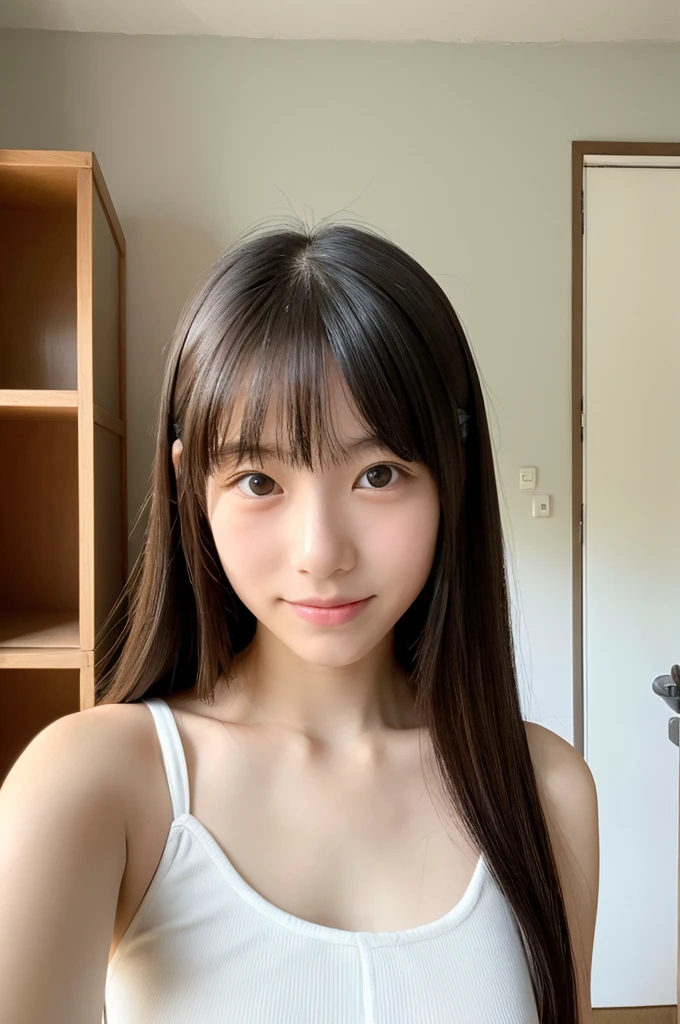 A realistic selfie of a very cute Japanese high school girl in her room wearing a white tank top,Highest quality, Ultra-high resolution