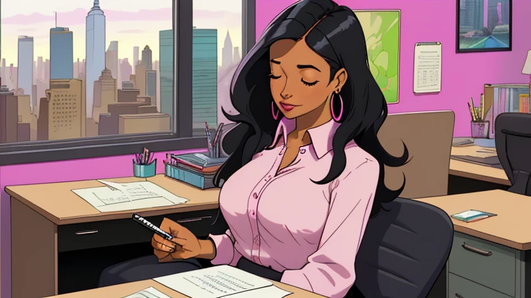 In the background there are many desks and people, Beautiful black-hair woman in her 30s sitting pink chair in an spacious and colorful office. looking down and closing her eyes, relaxed atmosphere, cozy, LOFI girl, blouse, desk, documents, laptop, pen, watch, smartphone, stationery, wide glass window, only five fingers, New York, colorful, can see skyscrapers outside the window, colorful wall, pierced earrings, ring, cabinet, offee cup, Well-proportioned face,