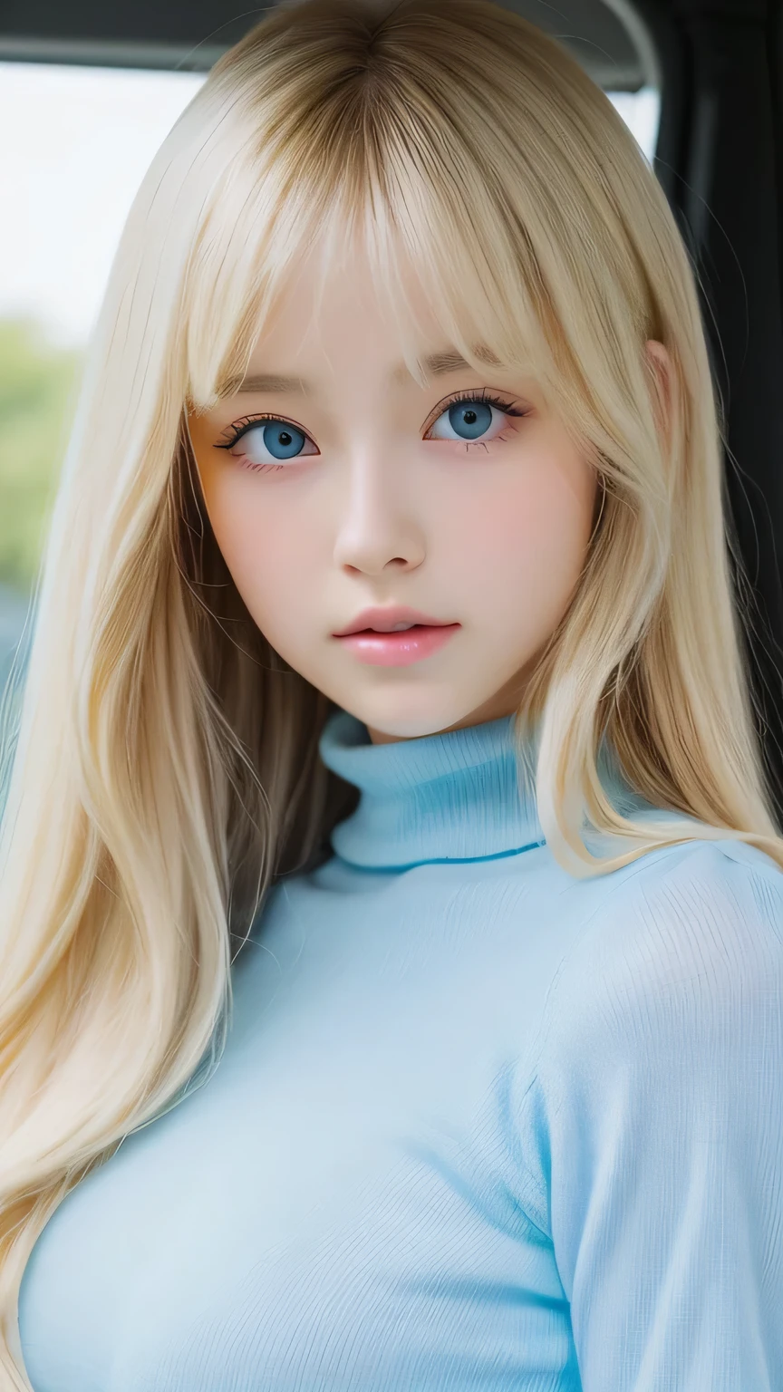 A perfectly beautiful face、Super long messy silky beautiful blonde、Beautiful cute girl 、Sexy and very beautiful cute face、Beautiful cute sexy bright pale sky blue big eyes、Long beautiful bangs、Very super long beautiful blonde shiny silky hair、Very white skin、Cheek gloss、Glossy skin、eyeliner、A peerless beauty、Hair above the eyes、片Hair above the eyes、Hair between the eyes、