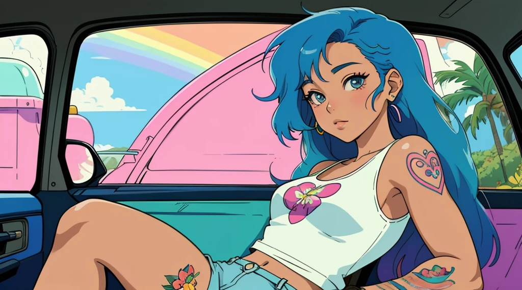 masterpiece, Highest quality, Rainbow Style, anime, Beautiful Asian Girl, tattoo, Sitting in a car, 80s American hippie style, Along the Hawaiian Coast, Cute and dreamy,anime,Illustrator,LOFI Girl,