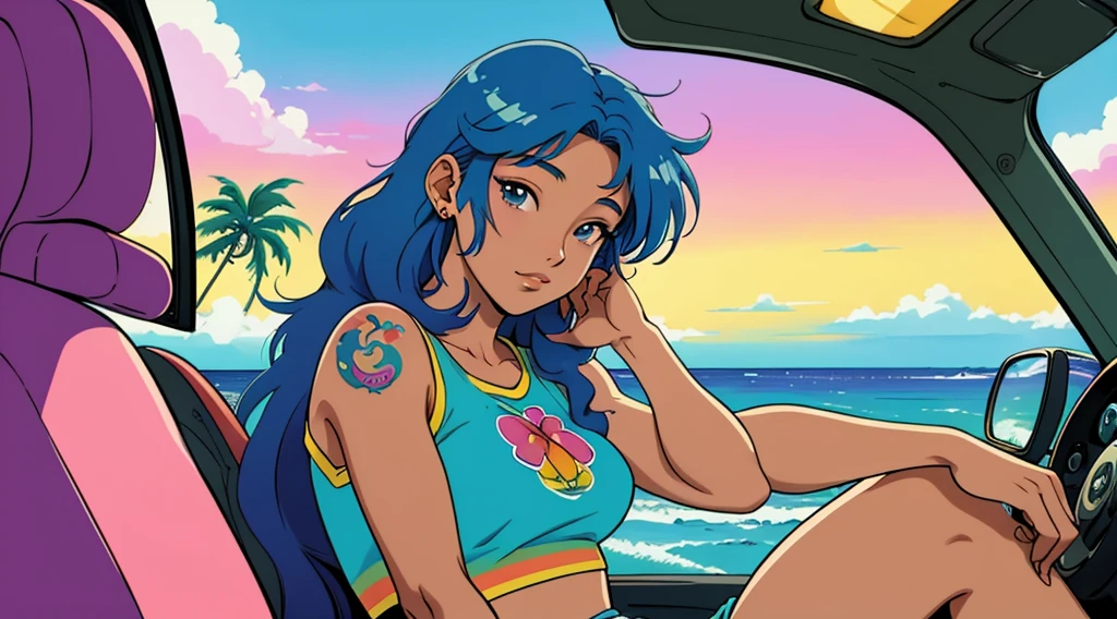 masterpiece, Highest quality, Rainbow Style, anime, Beautiful Asian Girl, tattoo, Sitting in a car, 80s American hippie style, Along the Hawaiian Coast, Cute and dreamy,anime,Illustrator,LOFI Girl,