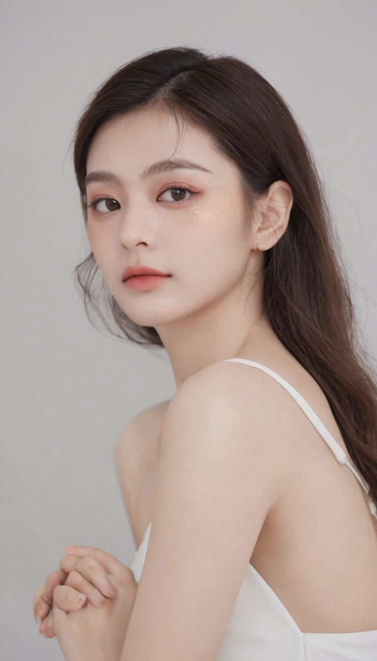 xxmixgirl, Analog Style, Eye focus, Highest quality, (Very detailed skin), Exquisitely beautiful white skin photos, 1８age, Perfect Face, Captivating eyes, ( makeup: 1.3), Skin pores, (Bokeh:1.5), Sharp focus, Dappled Lighting, (Backlight), Film Grain, (Very detailed, Exquisitely crafted), 8K, High resolution, Front view, Studio Light, Very detailed顔, Fine grain, (double eyelid: 1.4), Aristogle, Brown eyes, (commercial: 1.6), (Natural Makeup), ((White studio background: 2))