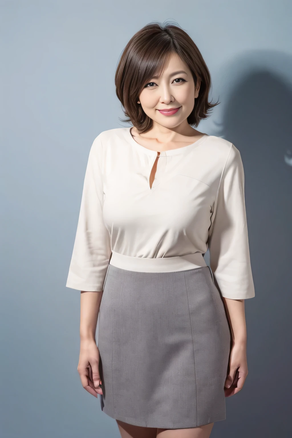 Realistic（masterpiece、Highest quality）、Short-haired woman、Japanese、Mature Woman，smile、Plain gray background、30 years old、whole body、Light clothing、Emphasize large breasts、mini skirt.Beautiful legs