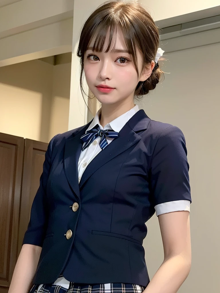 ((Best of the highest quality, 8k, Masterpiece, raw photo: 1.2)), (Sharp focus: 1.2), (1 AESPA, slim body type female, 21 y/o: 1.1), (Solo: 1.28), (realistic, photo-realistic:1.37), face focus, cute face, finely eyes, (droopy eyes: 1.32), (Emphasize prominent aegyo-sal with bright: 1.2), shimmering eyeshadow applied under the lower lash line, paired with thick, (small breasts, flat chest, Thigh: 1.3), (short messy hair, updo, bangs: 1.28), (wearing navy blazer school uniform, skirt: 1.32), (ribbon: 1.1), walking terrace dining, flower, (from below: 1.16)