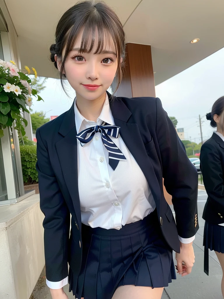 ((Best of the highest quality, 8k, Masterpiece, raw photo: 1.2)), (Sharp focus: 1.2), (1 AESPA, slim body type female, 21 y/o: 1.1), (Solo: 1.28), (realistic, photo-realistic:1.37), face focus, cute face, finely eyes, (droopy eyes: 1.32), (Emphasize prominent aegyo-sal with bright: 1.2), shimmering eyeshadow applied under the lower lash line, paired with thick, (small breasts, flat chest, Thigh: 1.3), (short messy hair, updo, bangs: 1.28), (wearing navy blazer school uniform, skirt: 1.32), (ribbon: 1.1), walking terrace dining, flower, (from below: 1.16)