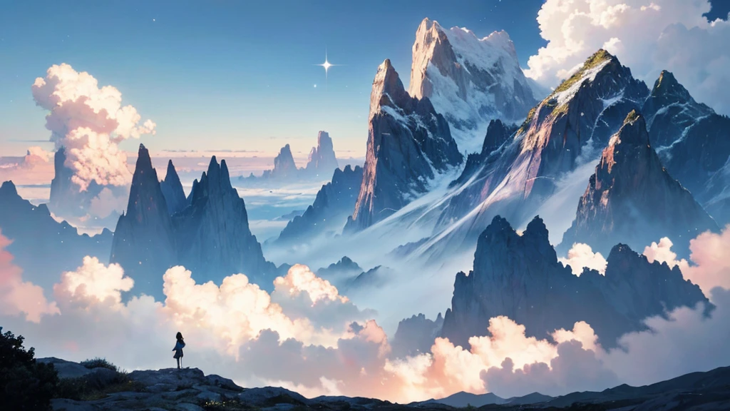 absurdity, high resolution, (official art, beautiful and aesthetic: 1.2), close view, sparkling sky, vast world,((1 girl)), staring, awe-inspiring expression, distant horizon, clouds, natural beauty, inspiration, light effect, wide shot, from afar,beautiful woman