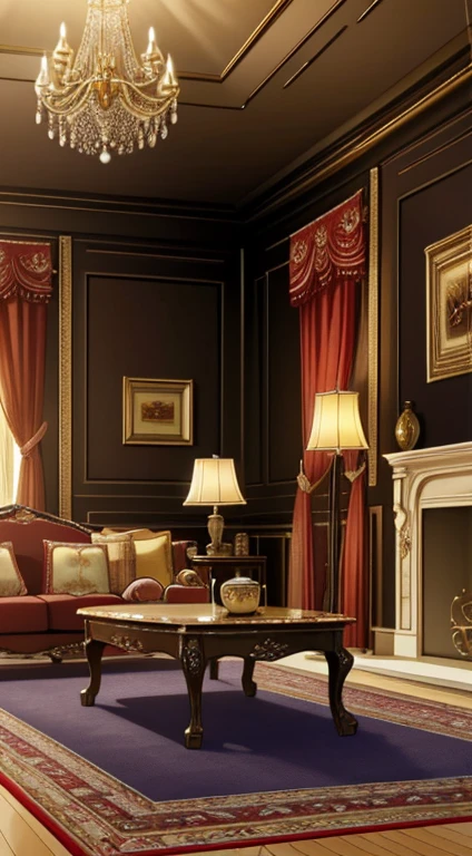 (tmasterpiece, high resolution, ultra - detailed:1.0), (sofe, tea table, Living room,Curtains, hanging lamp, decorations, carpets, fireplace), color difference, Depth of field, dramatic shadow, Ray tracing, Best quality, Cinematic lighting, detailed CG,Unity 8k wallpaper,offcial art