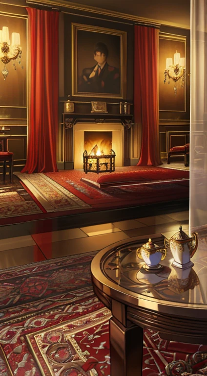 (tmasterpiece, high resolution, ultra - detailed:1.0), (sofe, tea table, Living room,Curtains, hanging lamp, decorations, carpets, fireplace), color difference, Depth of field, dramatic shadow, Ray tracing, Best quality, Cinematic lighting, detailed CG,Unity 8k wallpaper,offcial art