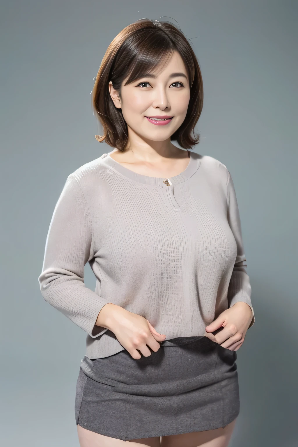 Realistic(masterpiece、Highest quality)、Short-haired woman、Japanese、Mature Woman,smile、Plain gray background、30 years old、whole body、Light clothing、Emphasize large breasts、mini skirt.Beautiful legs