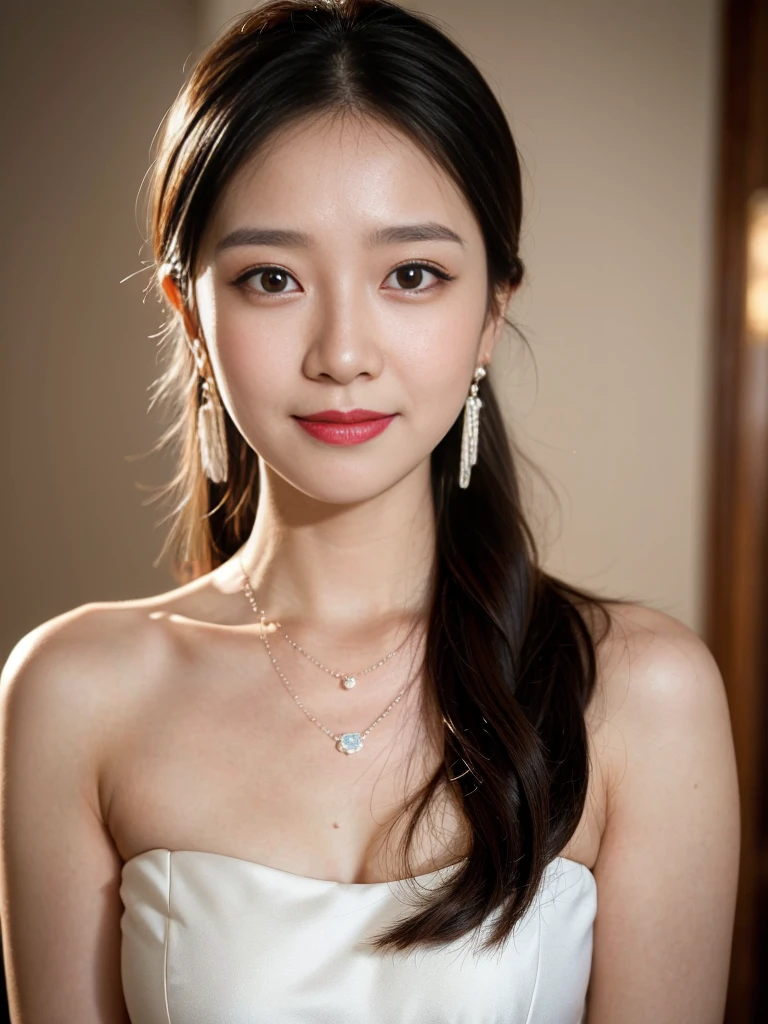 Best quality, masterpiece, high resolution, 1girl, clear silk porcelain dress, beautiful face, hair accessories, looking at the audience, smiling, close your mouth, lips, no dress, hair accessories, necklaces, jewelry, long hair, earrings, beautiful face, on the body, Tindal effect, realism, dark studio, edge lighting, two-tone lighting, (high detail skin: 1.2), 8k UHD, DSLR, soft light, high quality, volumetric lighting, photo, high resolution 4K, 8k, blurred background