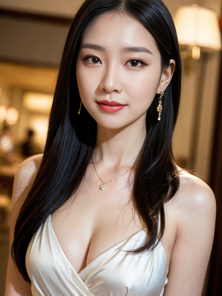 Best quality, masterpiece, high resolution, 1girl, clear silk porcelain dress, beautiful face, hair accessories, looking at the audience, smiling, close your mouth, lips, , hair accessories, necklaces, jewelry, long hair, earrings, beautiful face, on the body, Tindal effect, realism, dark studio, edge lighting, two-tone lighting, (high detail skin: 1.2), 8k UHD, DSLR, soft light, high quality, volumetric lighting, photo, high resolution 4K, 8k, blurred background