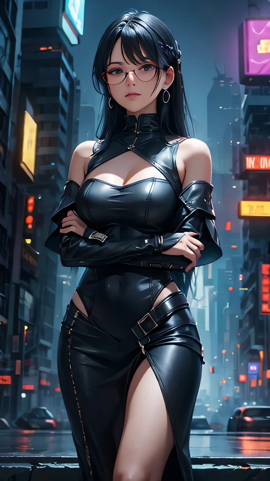 dark blue hair, long hair, swept bangs, jewelry, hairpods, rimless eyewear, cinematic lighting, UHD, masterpiece, accurate, high quality, highres, best quality, high details, super detail, off-Shoulder, red bodysuit, science fiction, cyberpunk, ruined city, buildings, midnight, arms crossed