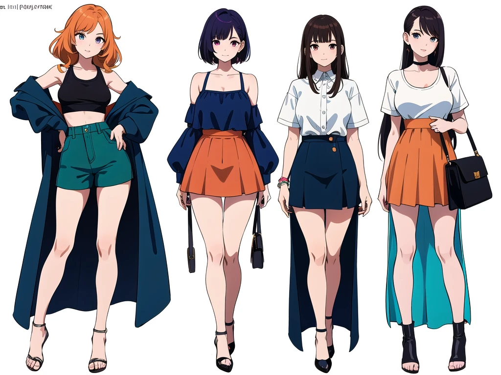 (((Best Quality))) , ((full body)), 4 girls, milf, multiple views, white background, variety of hairstyles, variety of fashion styles, seductive pose, fashionable and trendy atmosphere, holding bag, summer outfits, walk pose, dark blue/dark orange/dark green/dark violet/brown/white, short shorts,
