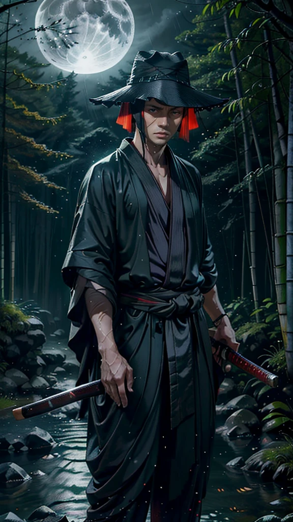 (Best Quality,ultra detailed),dark,wet,artificial raindrops falling,ancient japanese warrior standing in the rain,japanese traditional bamboo hat(fail),dense forest landscape,majestic and serene nature,full moon shining brightly in the night sky,black kimono with fluorescent red stripes that glow in the moonlight,samurai sword sharpened and drawn(katana),