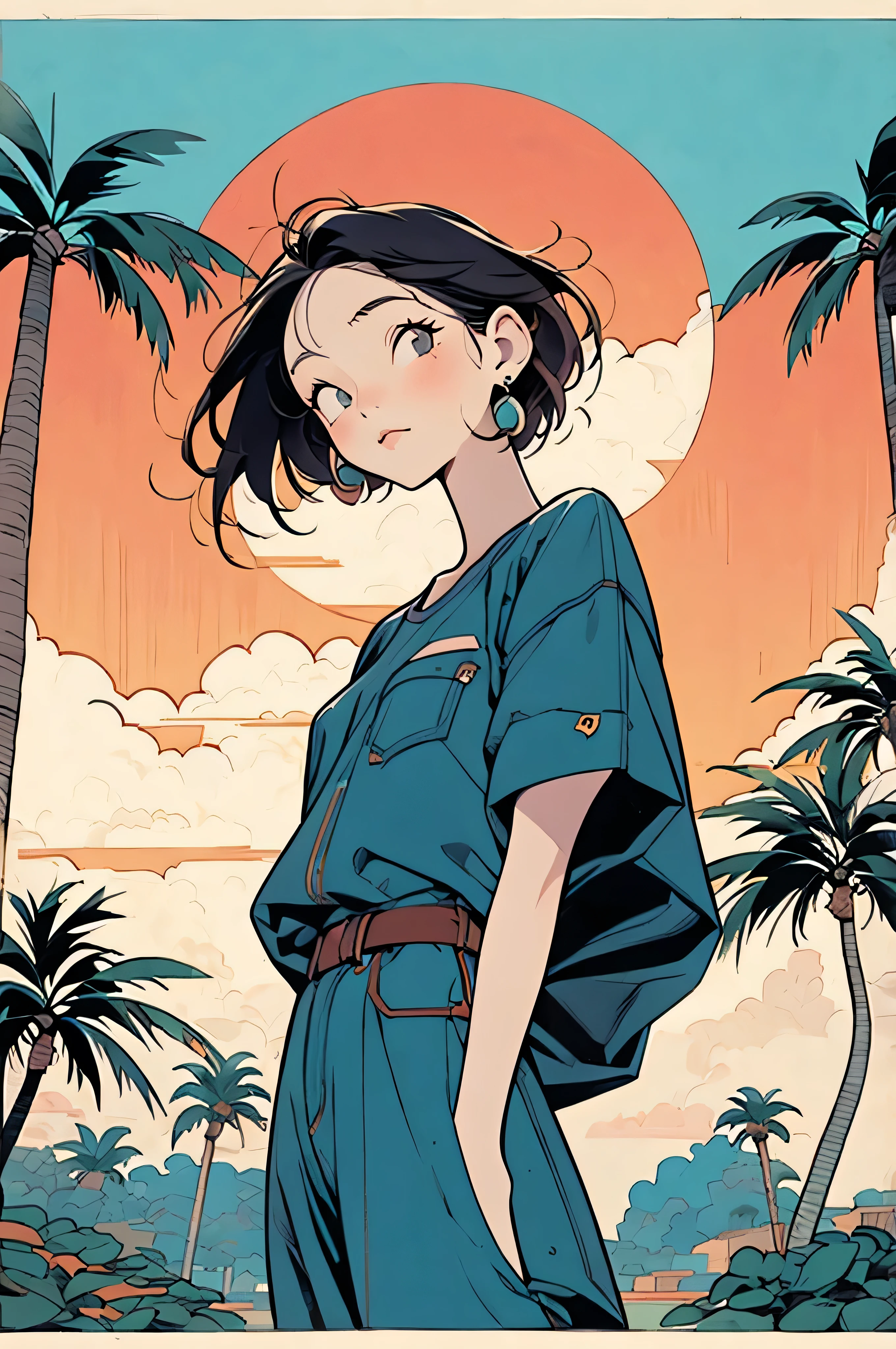 Retro Girl, Miami, sunset, Ferrari, Palm tree, the 90s, (Flat Color, flat texture, Line art:1.2), Graphical Design, (Dark ink, Ink Black),