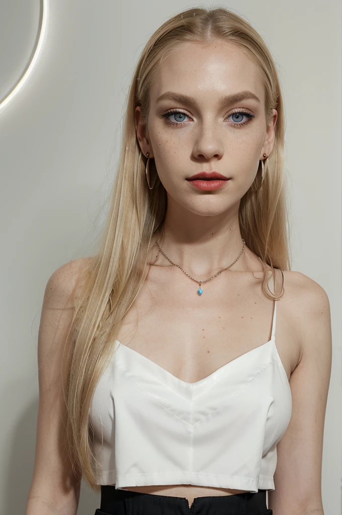 Beautiful skinny girl, elongated face and thin chin, freckles, blonde, blue eyes, bold dark red lipstick and Extra eyeliner and extra eyeshadow, white pale skin, black skirt, top, small nose, huge natural, straight hair with fringe, blonde, long hair, earrings, necklace, semi-transparent top