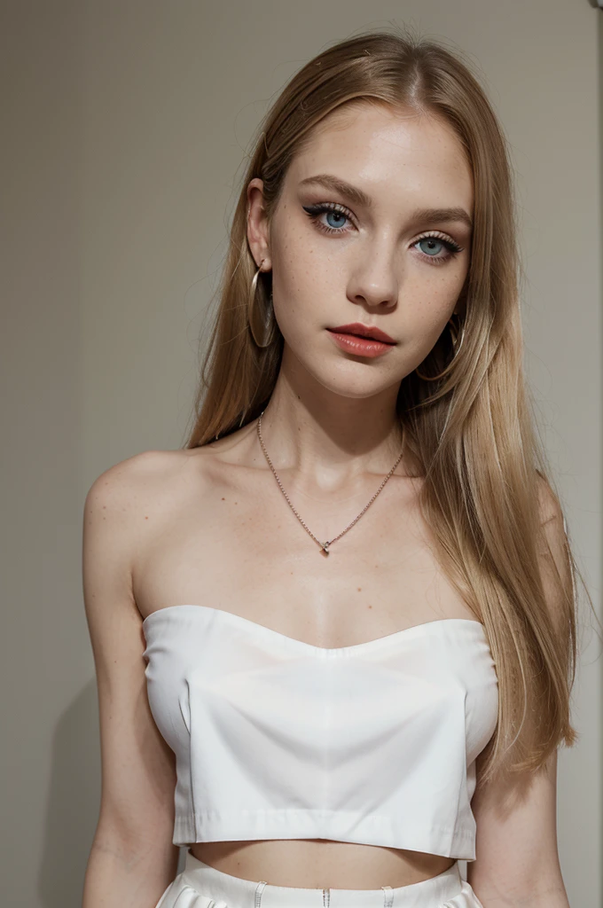 Beautiful skinny girl, elongated face and thin chin, freckles, blonde, blue eyes, bold dark red lipstick and Extra eyeliner and extra eyeshadow, white pale skin, black skirt, top, small nose, huge natural, straight hair with fringe, blonde, long hair, earrings, necklace, semi-transparent top