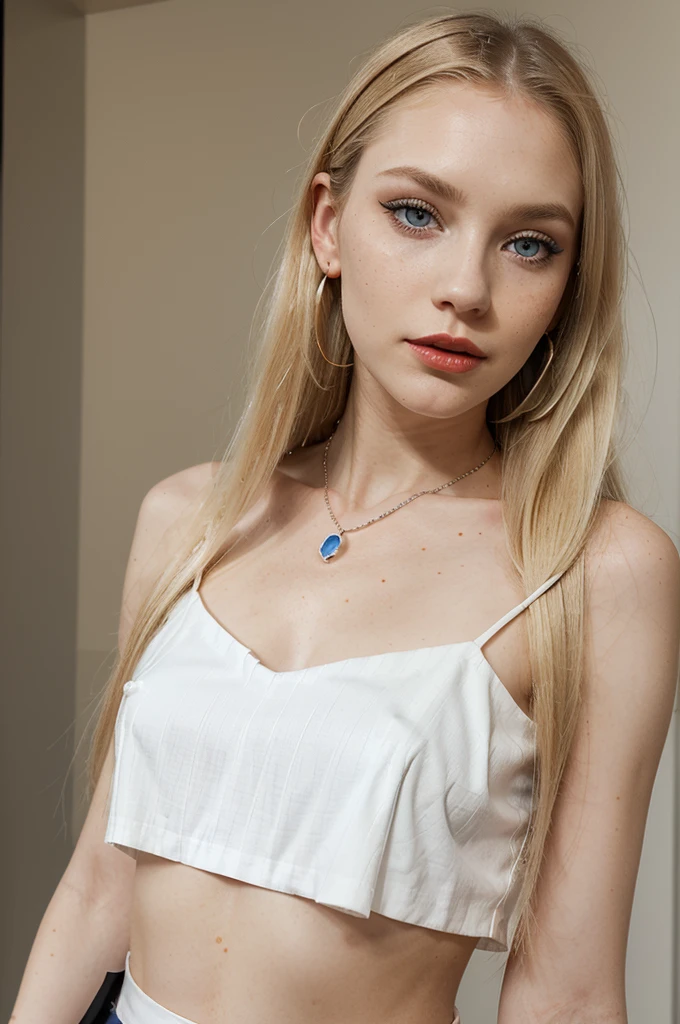 Beautiful skinny girl, elongated face and thin chin, freckles, blonde, blue eyes, bold dark red lipstick and Extra eyeliner and extra eyeshadow, white pale skin, black skirt, top, small nose, huge natural, straight hair with fringe, blonde, long hair, earrings, necklace, semi-transparent top