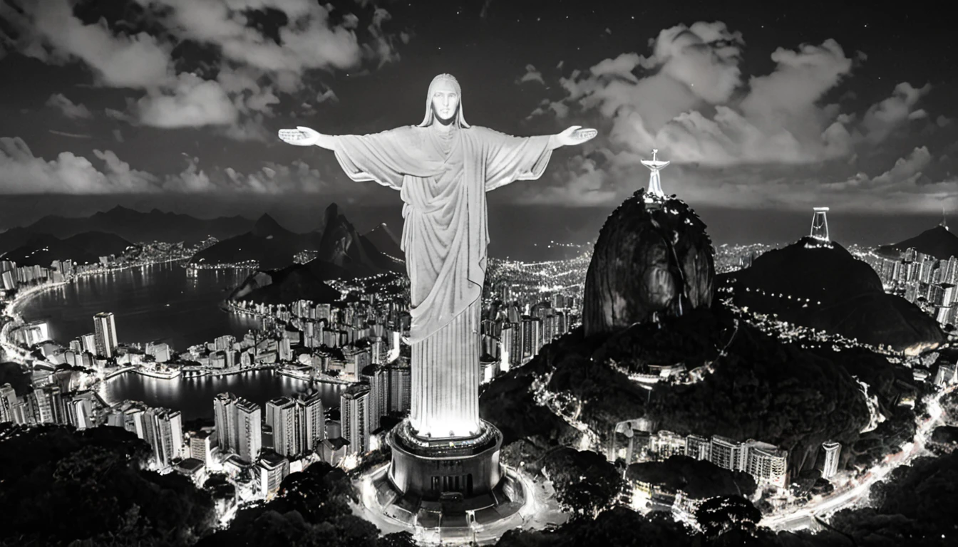 Reality,4K,8K, Vibrant and colorful night scenery ,Brazil,Rio de Janeiro,Christ the Redeemer ,grayscale